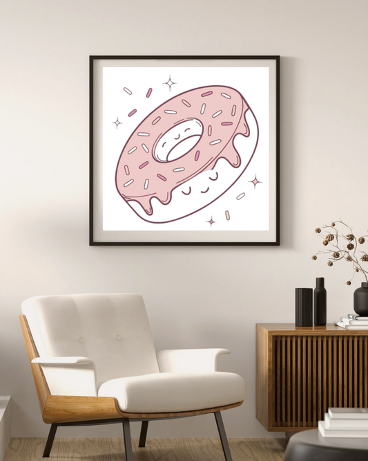 Doughnut kawaii avec cadre, parfait pour affiches décoratives.