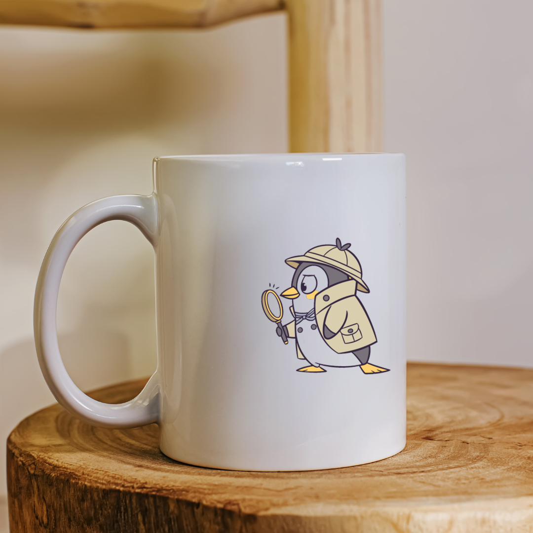 Mug en céramique avec pingouin détective style doodle, esprit aventure énigmatique