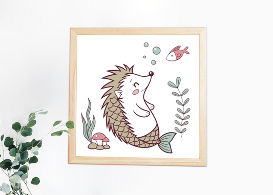 Cadre décoratif avec hérisson sirène rêveur aux tons pastel marin élégant