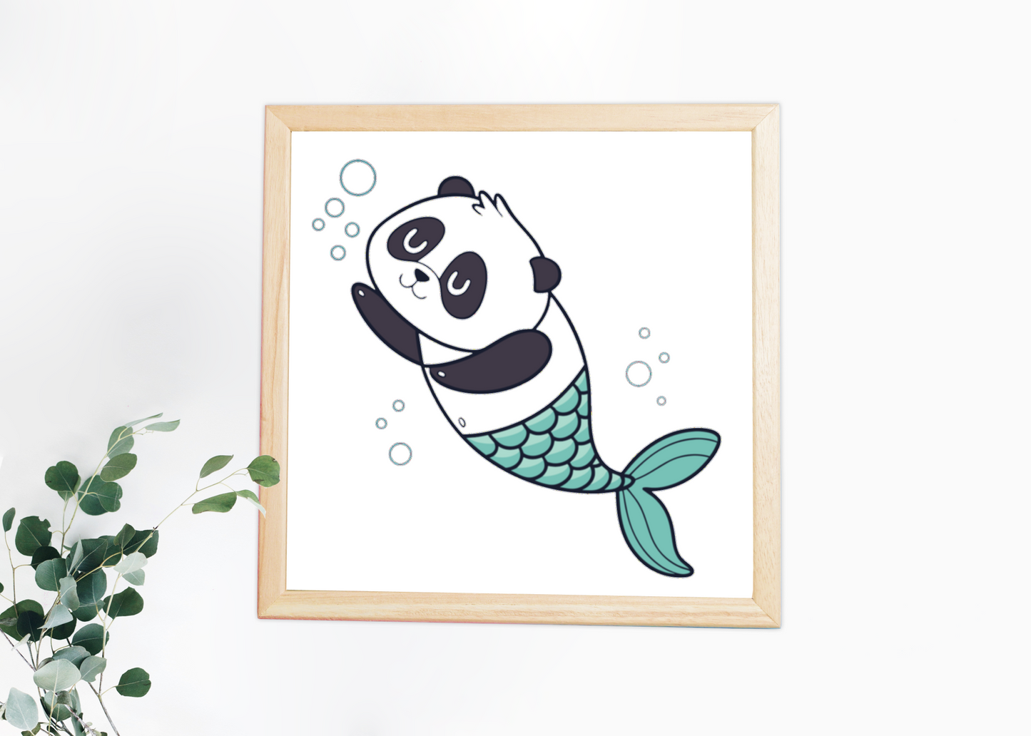 Cadre décoratif avec panda-sirène kawaii dans un océan magique