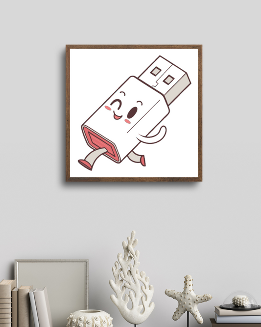 Cadre avec design kawaii d'une clé USB joyeuse en promenade