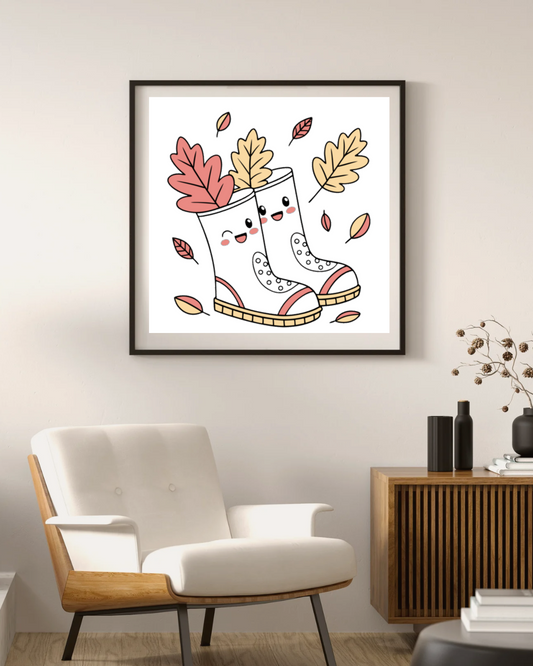 Cadre avec bottes souriantes pastel en automne, apportant élégance et chaleur