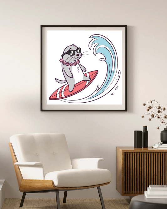 Cadre décoratif style cartoon avec loutre colorée sur planche de surf aquatique