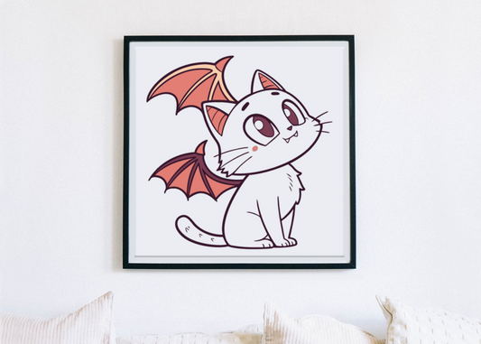 Cadre avec chat ailé espiègle dans un style kawaii pour une déco joyeuse et fantastique