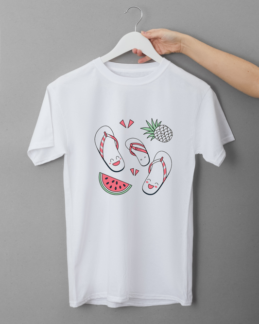 T-shirt orné d'éléments tropicaux avec tongs kawaii pour une touche estivale