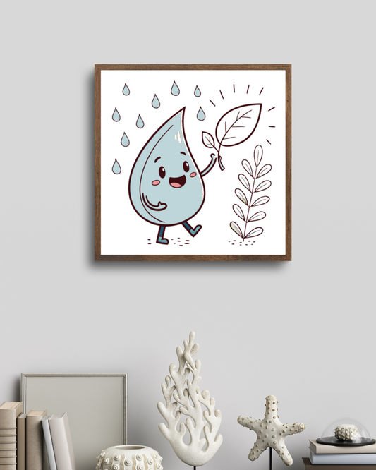 Cadre avec goutte d'eau joyeuse rétro, ambiance naturelle et éveil des sens