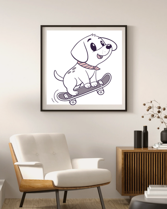 Cadre décoratif avec chiot mignon sur skateboard style kawaii et aventure enfantine