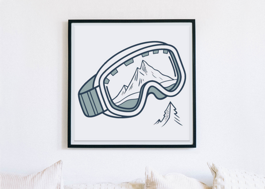 Cadre avec lunettes de ski style minimaliste évoquant l'hiver et le sport