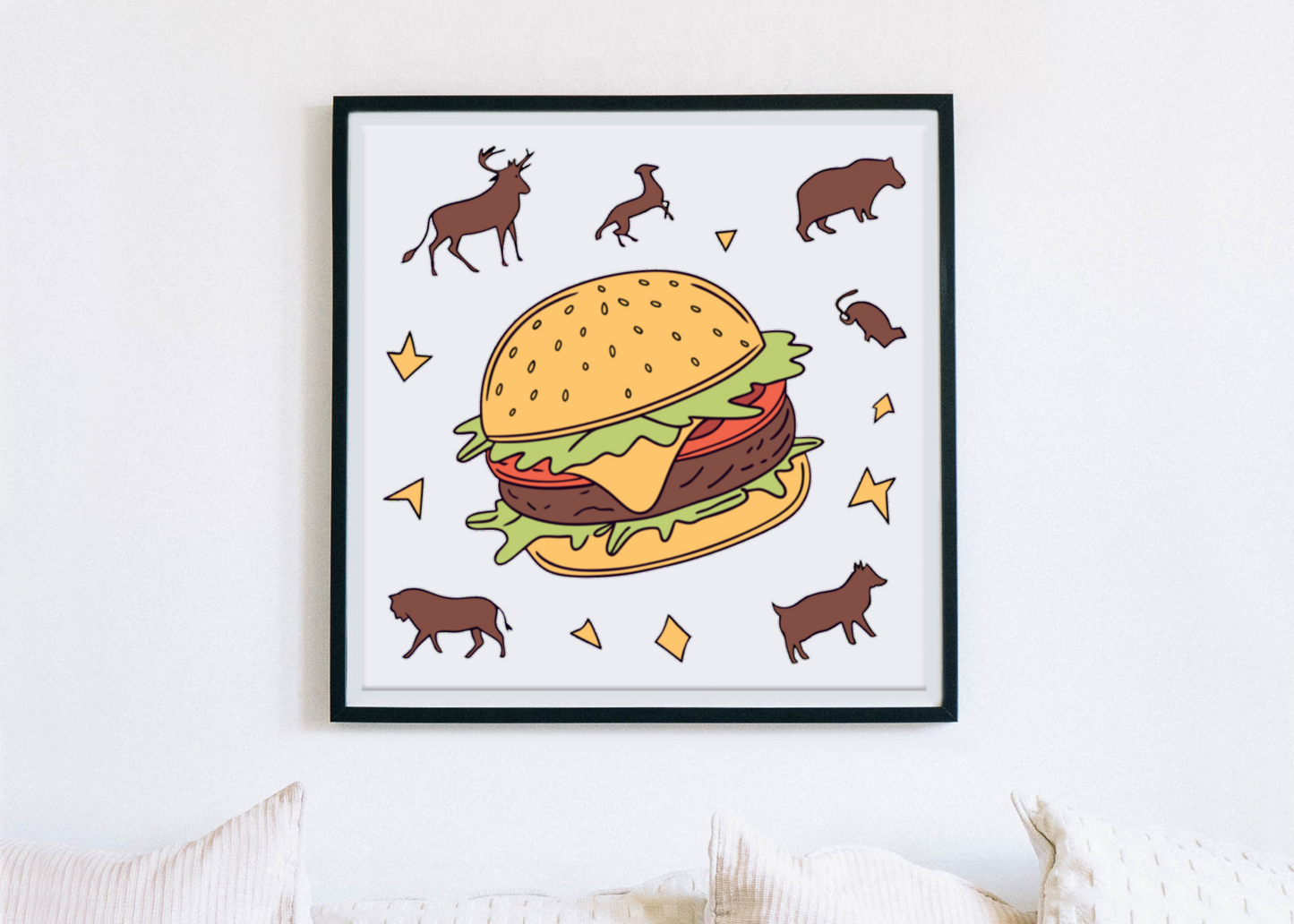 Cadre nature avec burger sauvage entouré d'animaux, style épuré et naturel