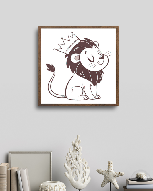 Cadre décoratif avec un dessin de lion couronné heureux, style doodle ludique
