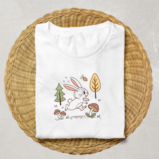 T-shirt avec lapin mignon sautant en forêt sur fond naturel