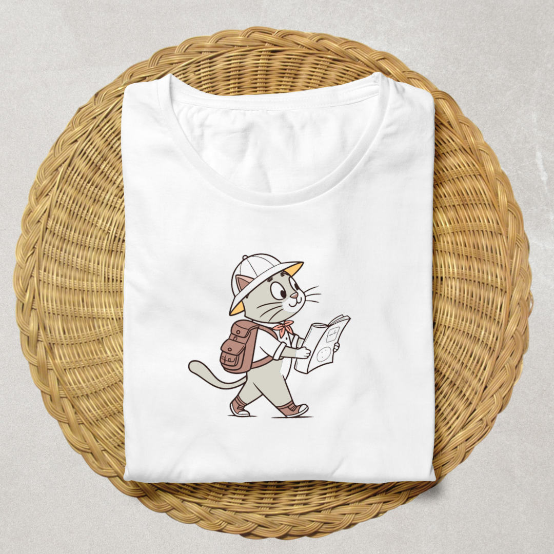 T-shirt orné d'un chat explorateur vintage lisant avec style éducatif et rétro
