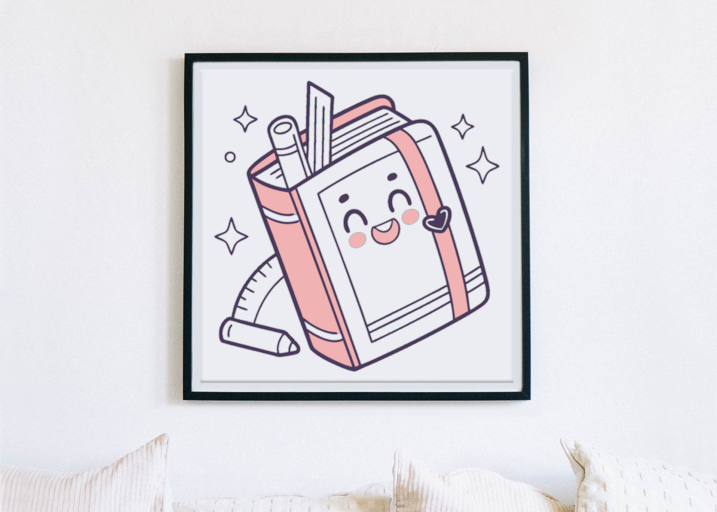 Cadre décoratif avec design kawaii de cahier et crayon pour une touche éducative