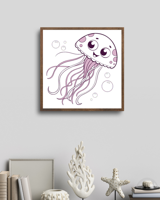 Cadre décoratif avec méduse joyeuse en pastel pour un style marin apaisant