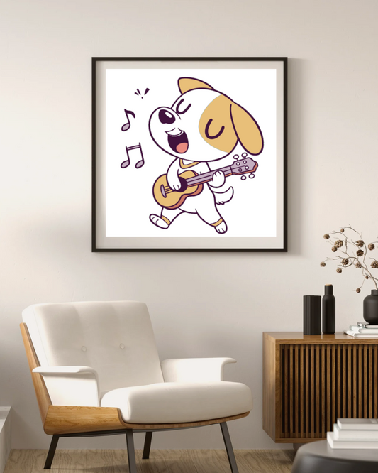 Cadre avec un chien qui joue de la guitare, ambiance jazz ludique, style doodle