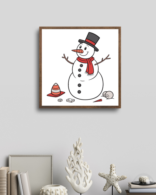 Cadre décoratif avec bonhomme de neige joyeux, parfait pour l'hiver amusant