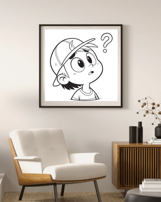 Cadre orné d'une icône numérique stylisée représentant un garçon curieux