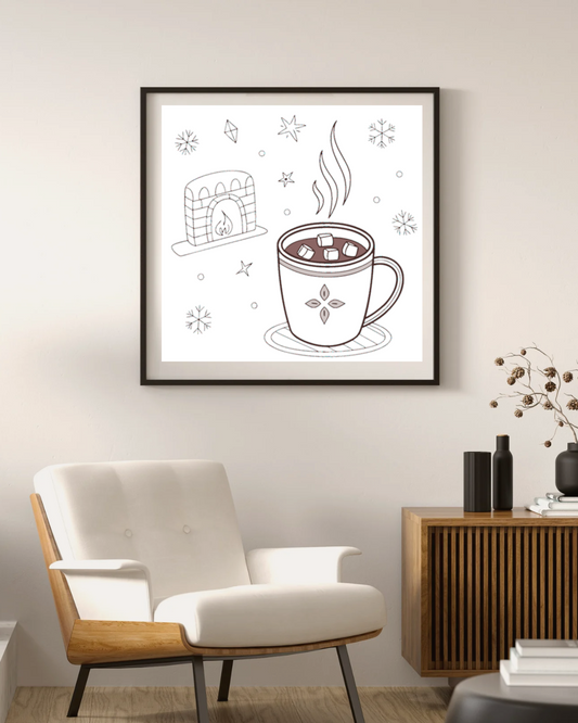 Cadre décoratif ambiance hivernale avec chocolat chaud minimaliste fumant