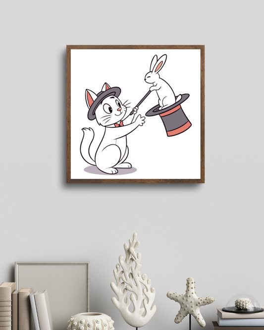 Cadre avec chat magicien et lapin en style cartoon, ambiance magie enchantée