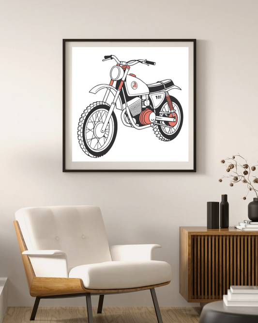 Illustration vintage Montesa Cappra 1970s idéale pour décoration murale.