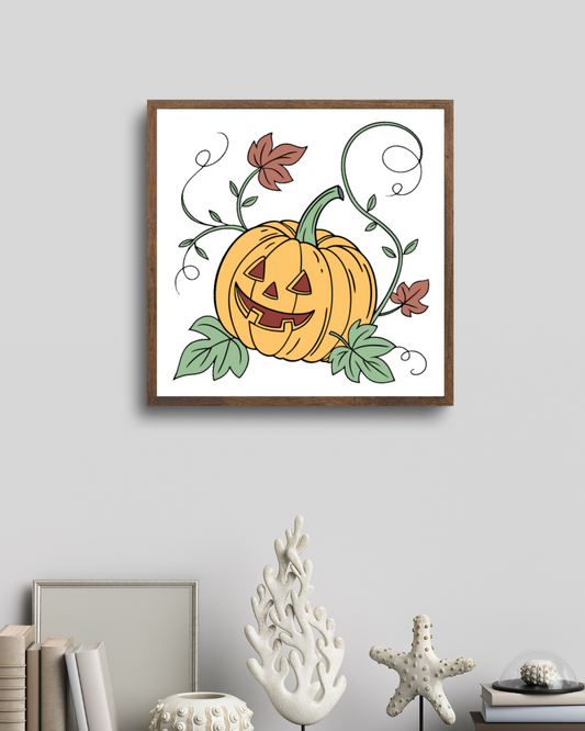 Cadre décoratif avec citrouille souriante sur thème Halloween, ambiance festive