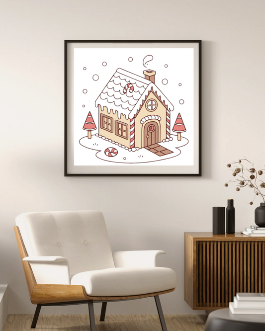 Cadre affichant une maison enneigée en doodle pour une ambiance festive et hivernale