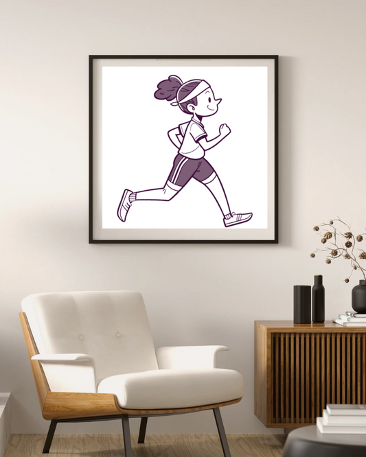 Cadre avec motif enfant joggeur joyeux au design monochrome sportif et élégant