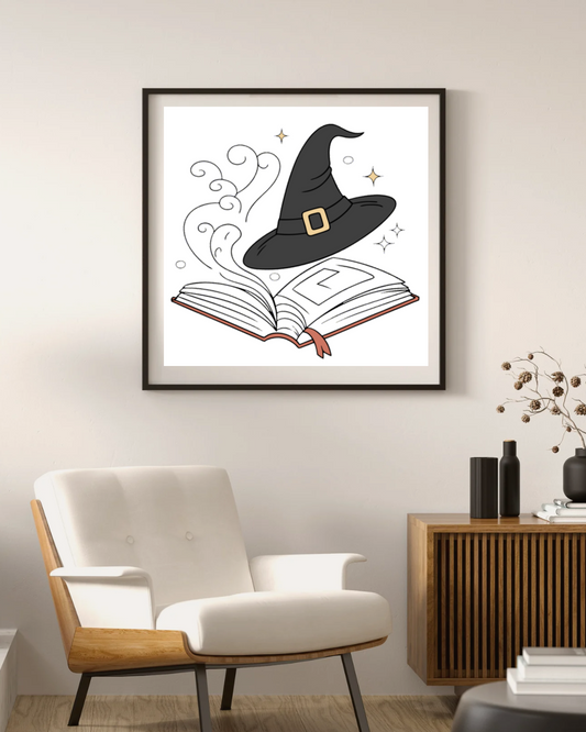 Cadre avec motif chapeau de sorcier flottant ambiance mystique et Halloween