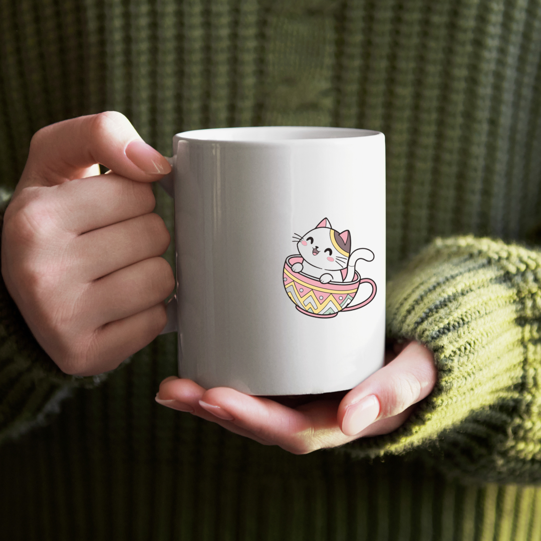 Mug avec chat kawaii joyeux dans des tons doux et palette adorable