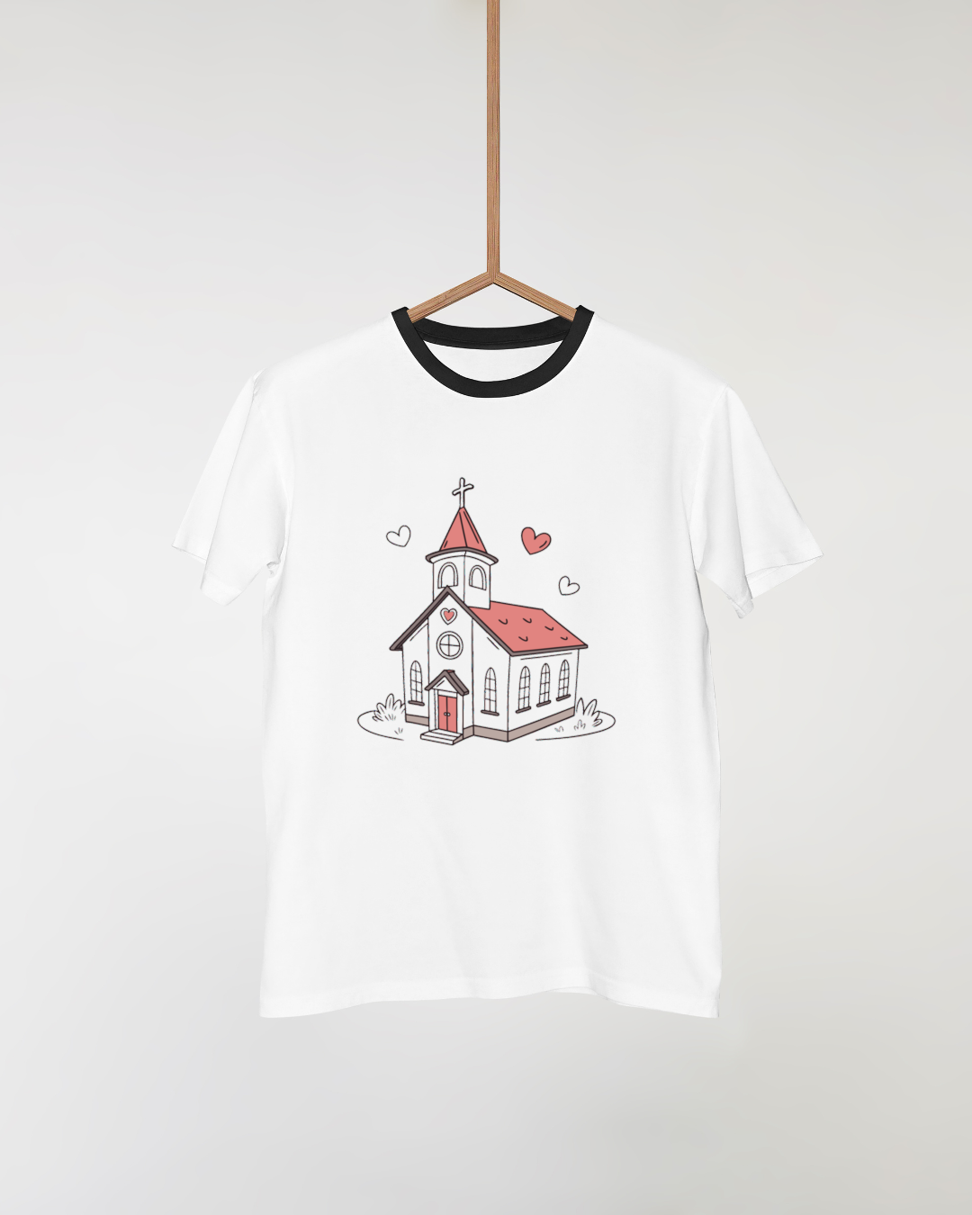 Impression artistique sur t-shirt de chapelle romantique en style vintage.