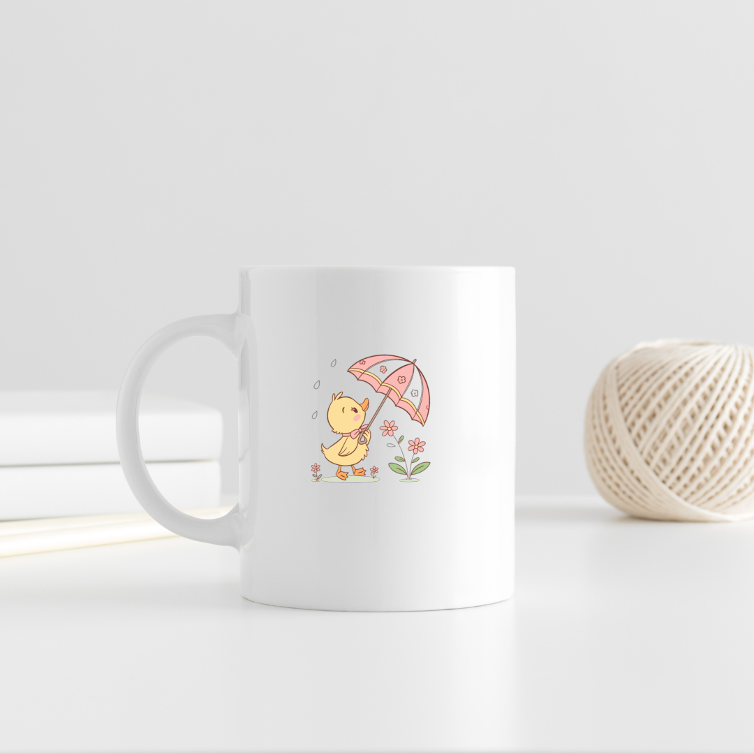Mug coloré avec un caneton sous la pluie dans un style pastel printanier