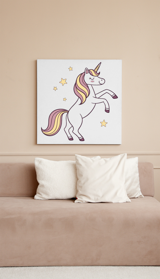 Cadre avec une licorne magique dansante parmi les étoiles pour un décor féérique