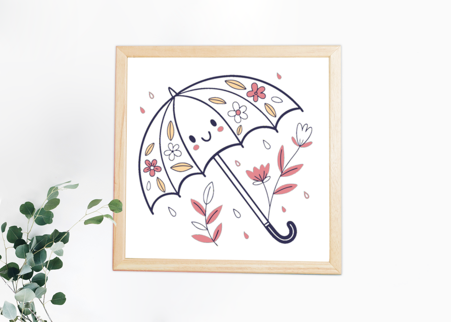 Cadre décoratif avec parapluie souriant sous la pluie en style kawaii printanier