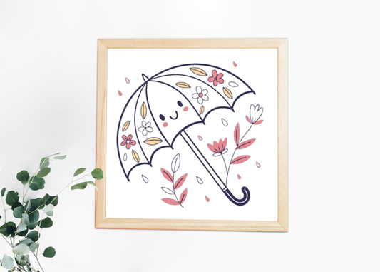 Cadre décoratif avec parapluie souriant sous la pluie en style kawaii printanier