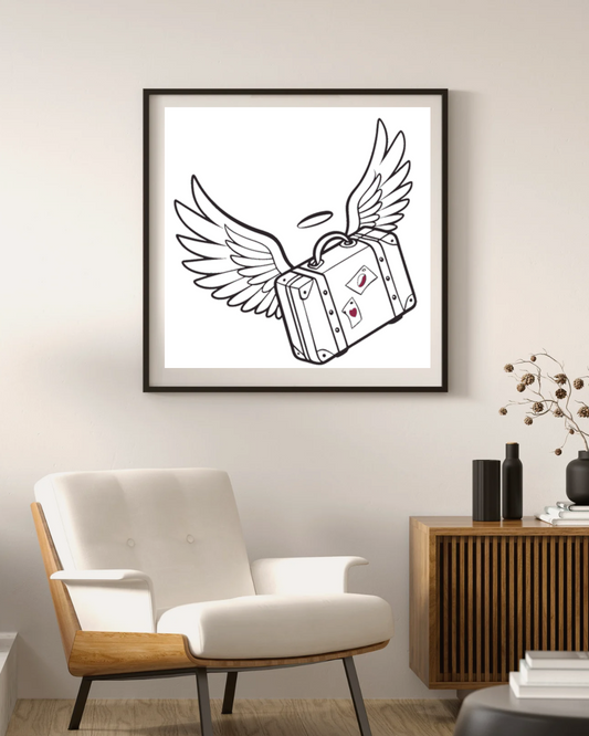 Cadre moderne avec valise ailée en vol pour une touche aventureuse élégante