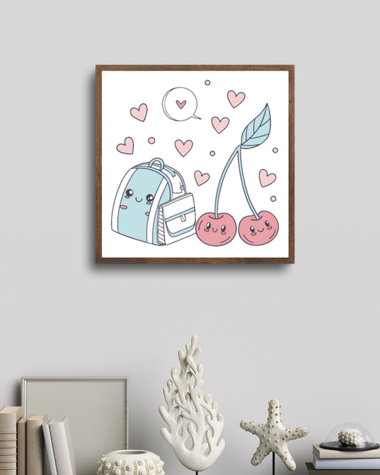 Cadre décoratif avec cerises pastel, idéal pour retour à l'école