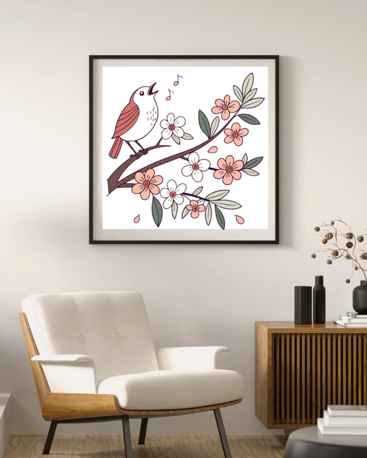 Cadre avec oiseau décoratif sur branche, style nature florale empreint de douceur
