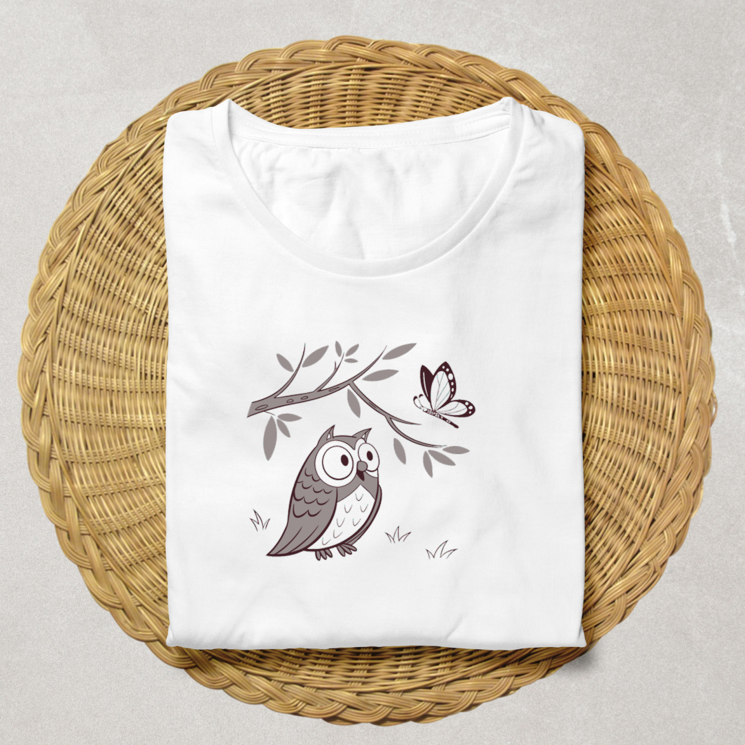 T-shirt décoré d'une chouette minimaliste et papillon évoquant la nature paisible