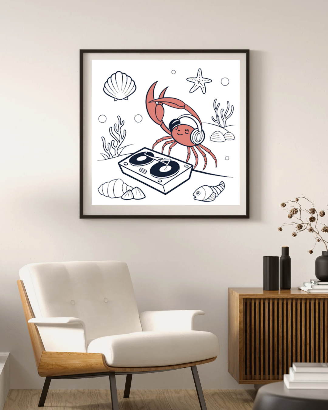 Cadre déco marine avec crabe DJ animé, ambiance océan sur fond bleu