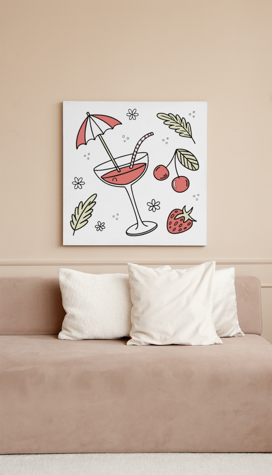 Cadre décoratif avec icône pastel représentant un cocktail joyeux pour un été ensoleillé