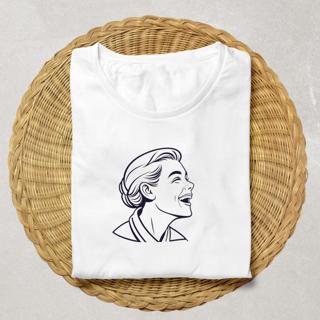 Un t-shirt avec une femme riant en style rétro vectoriel apportant des émotions