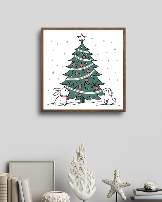 Cadre avec dessin hivernal de lapins festifs, sapin stylisé dans une ambiance magique