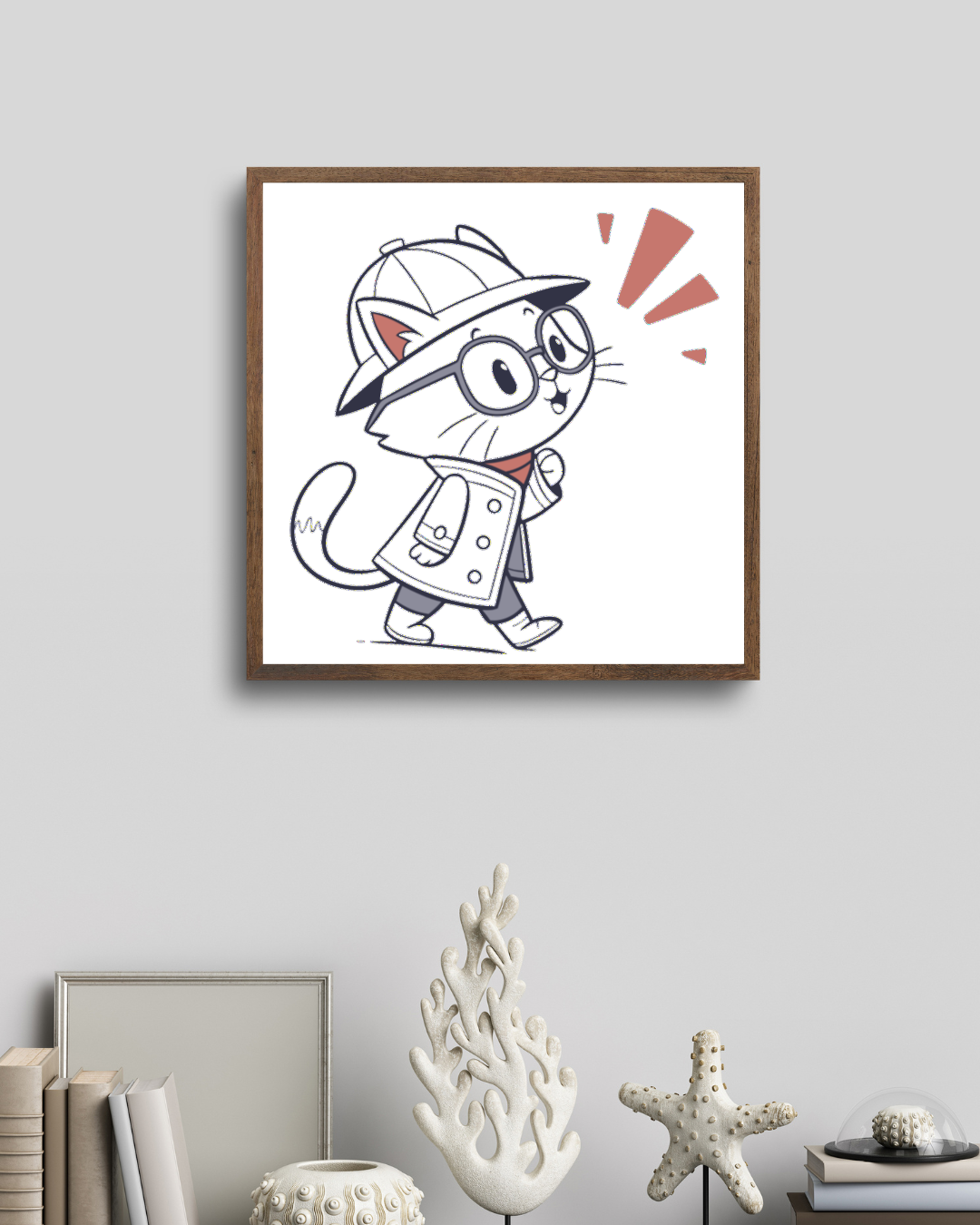 Cadre élégant avec un chat curieux et aventureux en style doodle fantaisiste