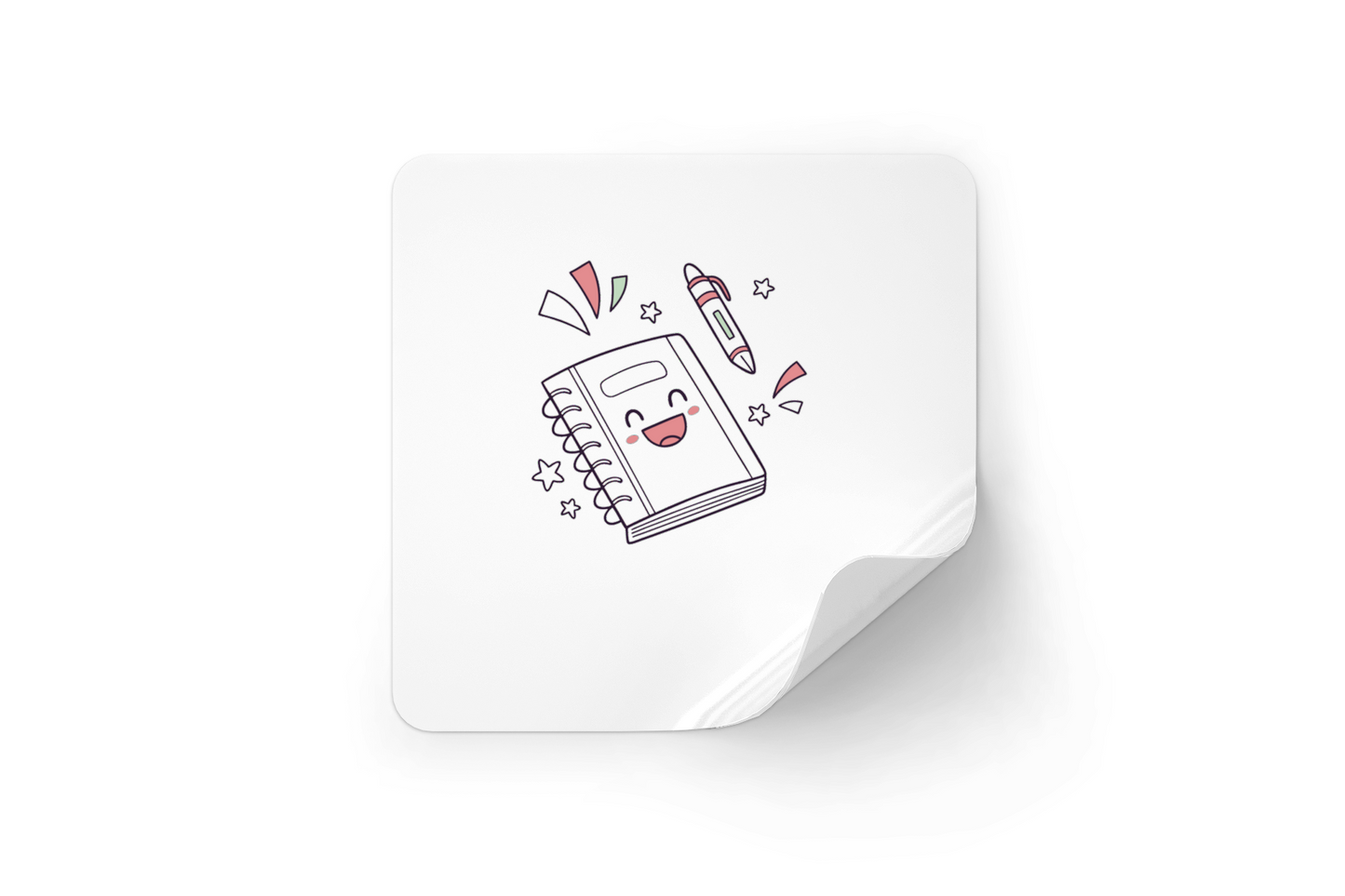 Sticker avec carnet joyeux et stylo en fête, touche kawaii pour école créative