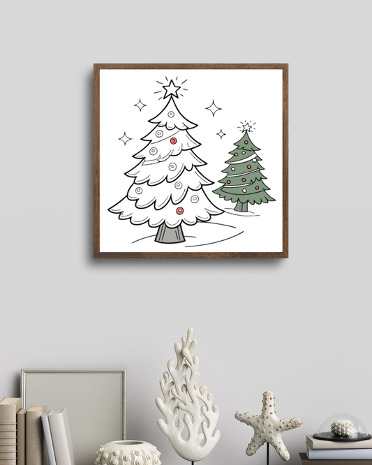 Cadre décoratif avec un sapin festif, style doodle pour une touche de Noël magique