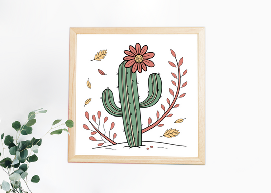 Cadre arborant un cactus fleuri en automne style nature sur fond minimaliste