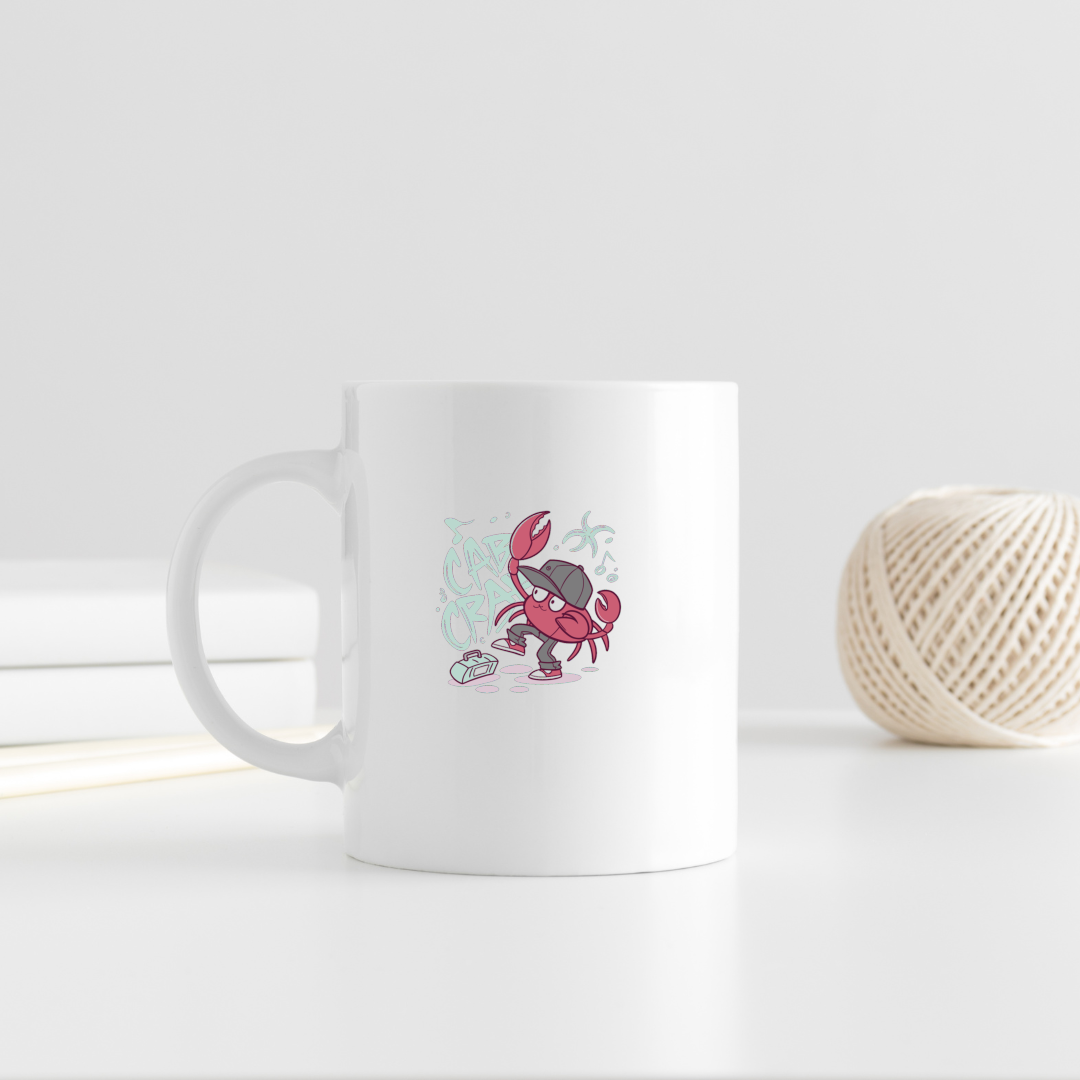 Mug avec motif crabe dansant joyeux ambiance océan et détails marins colorés