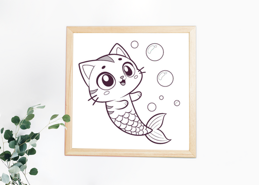 Cadre décoratif présentant un chat sirène enjoué sur un fond aquatique