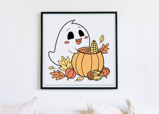 Cadre avec fantôme joyeux et citrouille dans un style festif pour Halloween