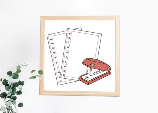 Cadre moderne avec agrafeuse bleue stylisée, parfaite pour thème bureau